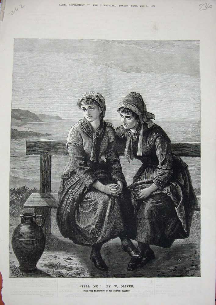 Old Antique Print Beautiful Women Sitting Bench Sea 1878 French Gallery 19th