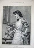 Old Antique Print 1883 Brentwall Fine Art Lady Woman Letter Flowers Table 19th
