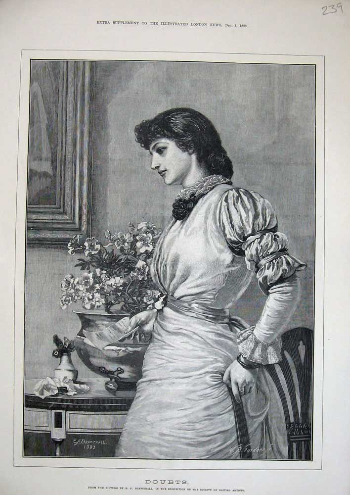 Old Antique Print 1883 Brentwall Fine Art Lady Woman Letter Flowers Table 19th