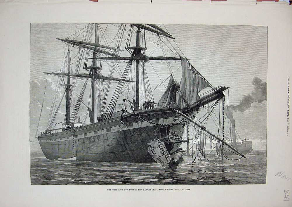 Old Antique Print 1878 Ships Collision Dover Barque Moel Elian Mast Sails 19th