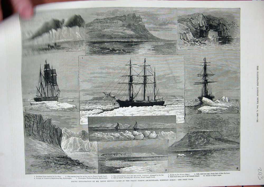 Original Old Antique Print 1880 Arctic Leigh Smith Yacht Franz Joseph Siberian