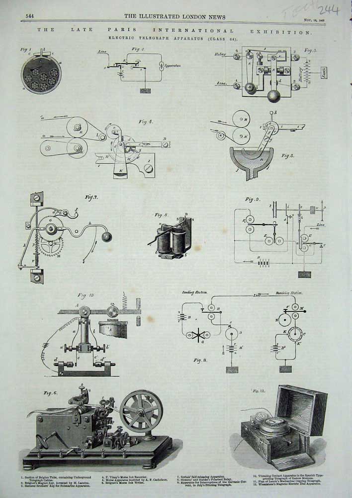 Old Antique Print 1867 Electric Telegraph Apparatus Ink Recorder Magnet 19th