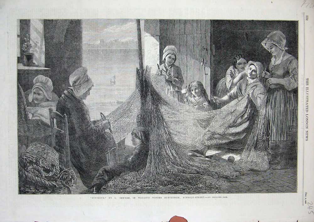 Original Old Antique Print 1865 Women Fishing Nets Working Smythe Wallis Art