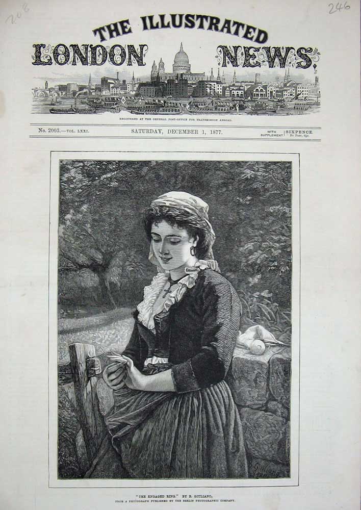 Original Old Antique Print 1877 Woman Lady Engagement Ring Country Giullano Art