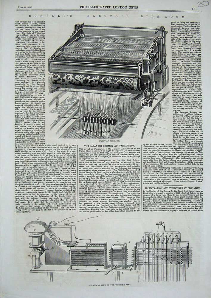 Old Antique Print 1860 Bonelli'S Electric Silk-Loom Machinery Manufacture 19th