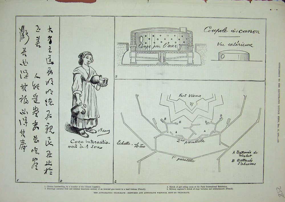 Old Antique Print 1878 Autographic Telegraph Chinese Handwriting Fortress 19th