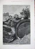 Original Old Antique Print 1879 Christmas Fishing Boat Little Boy Holly Sea Art