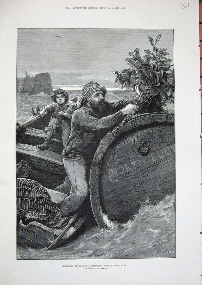 Original Old Antique Print 1879 Christmas Fishing Boat Little Boy Holly Sea Art