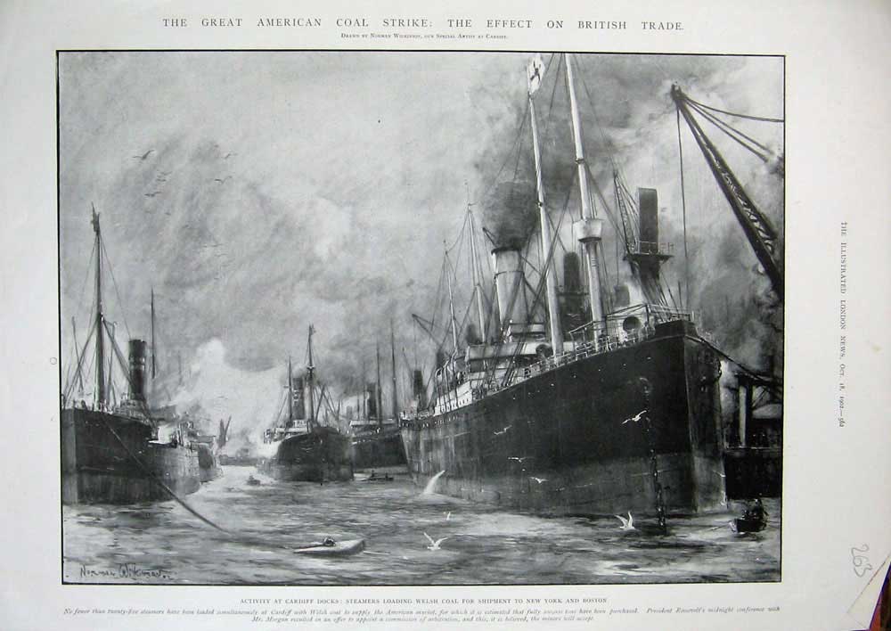 Original Old Antique Print 1902 Cardiff Docks Steamers Ships Welsh Coal America