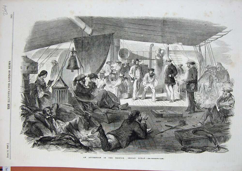 Original Old Antique Print Tropics Indian Ocean 1857 Ship Passengers Games Art