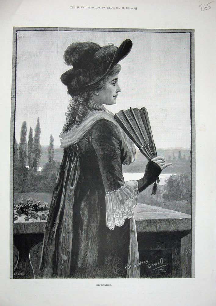 Old Antique Print 1891 Expectation Sydney Cowell Art Beautiful Woman Lady 19th