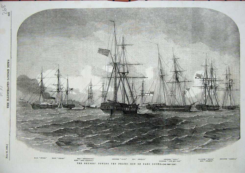 Old Antique Print 1855 Geyser Faro Sound Ships Freden Arion Dania Emillia 19th