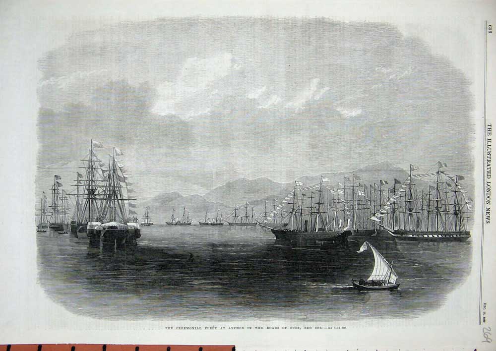 Original Old Antique Print 1869 Ceremonial Fleet Ships Anchor Suez Red Sea Art