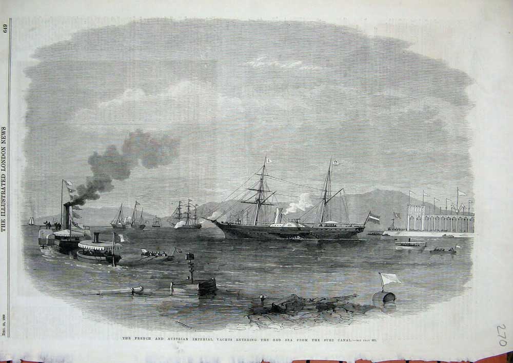 Old Antique Print 1869 French Austrian Imperial Yachts Red Sea Suez Canal 19th