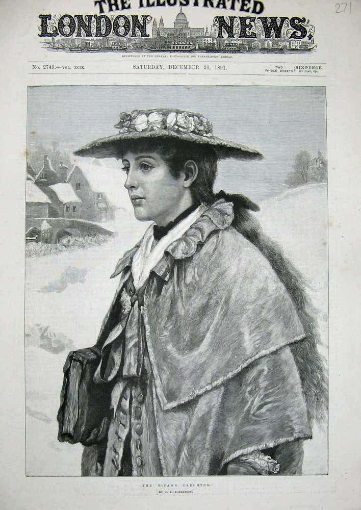 Original Old Antique Print 1891 Vicars Daughter Winter Hat Snow Cloak Bible Art