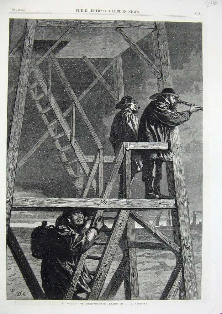 Old Antique Print 1866 Look Out Christmas Eve Men Telescope Snow Fine Art 19th