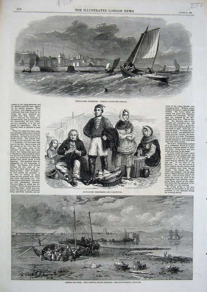 Old Antique Print 1862 Fisheries Dysart Newhaven Fishermen Pier Boats Art 19th