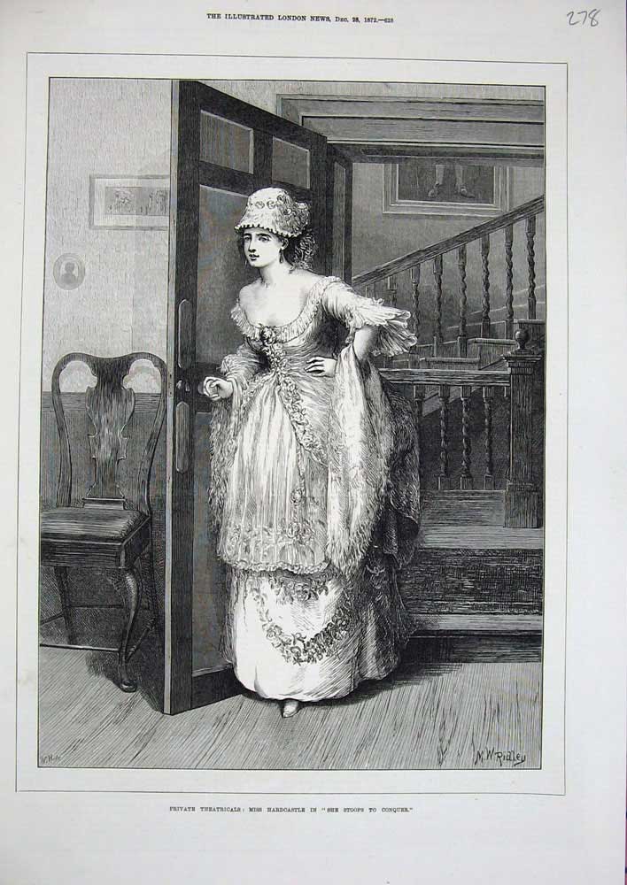 Original Old Antique Print 1872 Private Theatricals Hardcastle Woman Ridley Art