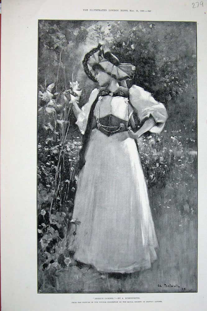 Old Antique Print 1891 Amrei'S Garden Beautiful Woman Flowers Nature Art 19th