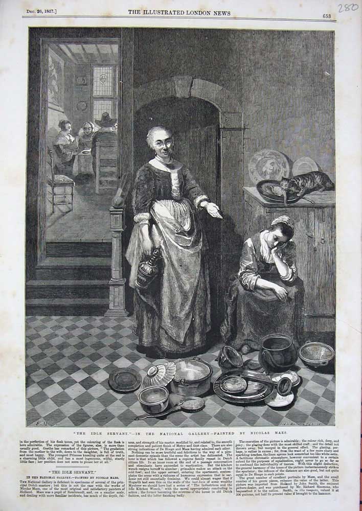 Old Antique Print 1857 Idle Servant House Sleeping Woman Nicolas Maes Art 19th