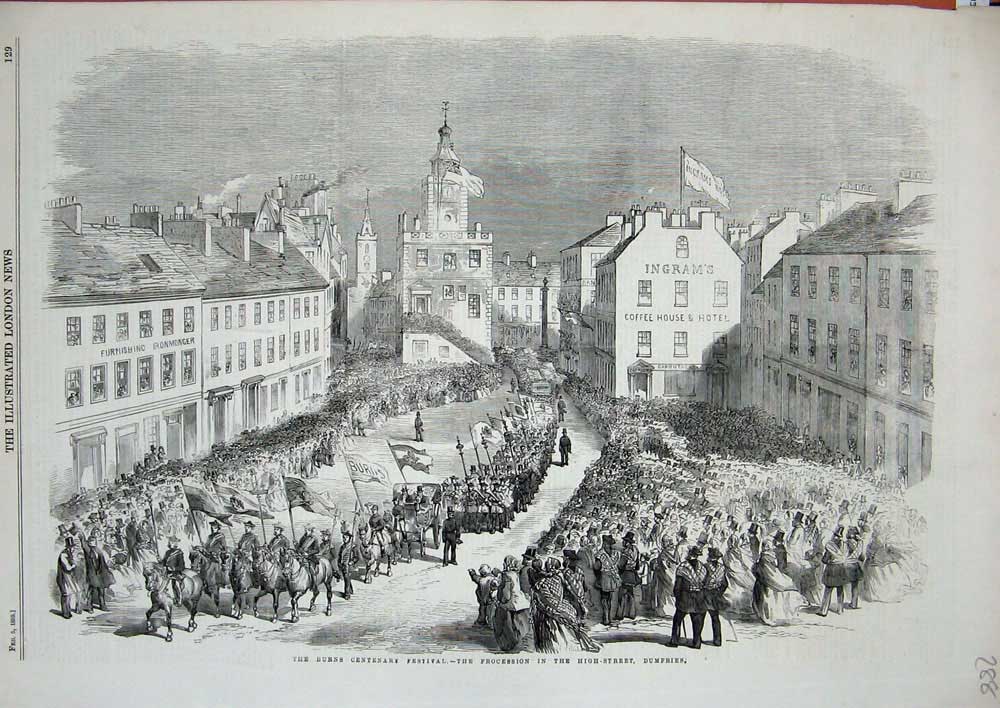 Original Old Antique Print 1859 Burns Centenary Festival Procession Dumfries