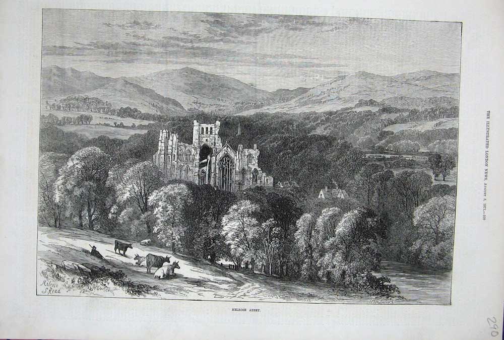 Old Antique Print 1871 Melrose Abbey Scotland Architecture Mountains Art 19th