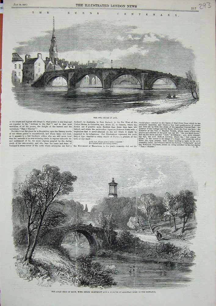 Old Antique Print 1859 Burns Centenary Twa Bridge Ayr Brig Doon Alloway 19th