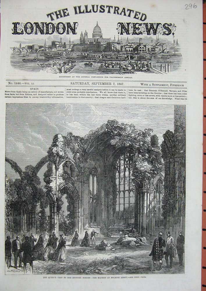 Original Old Antique Print 1867 Queen Scotland Melrose Abbey Ruins Architecture