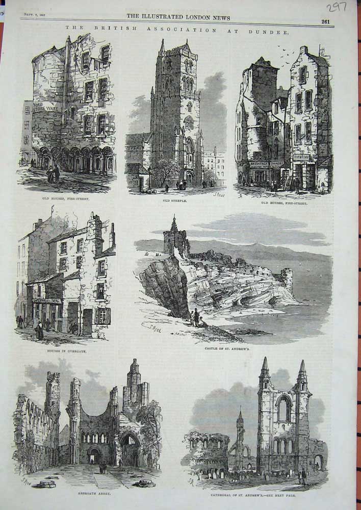 Old Antique Print Dundee Scotland 1867 Arbroath Abbey Cathedral Andrew'S 19th