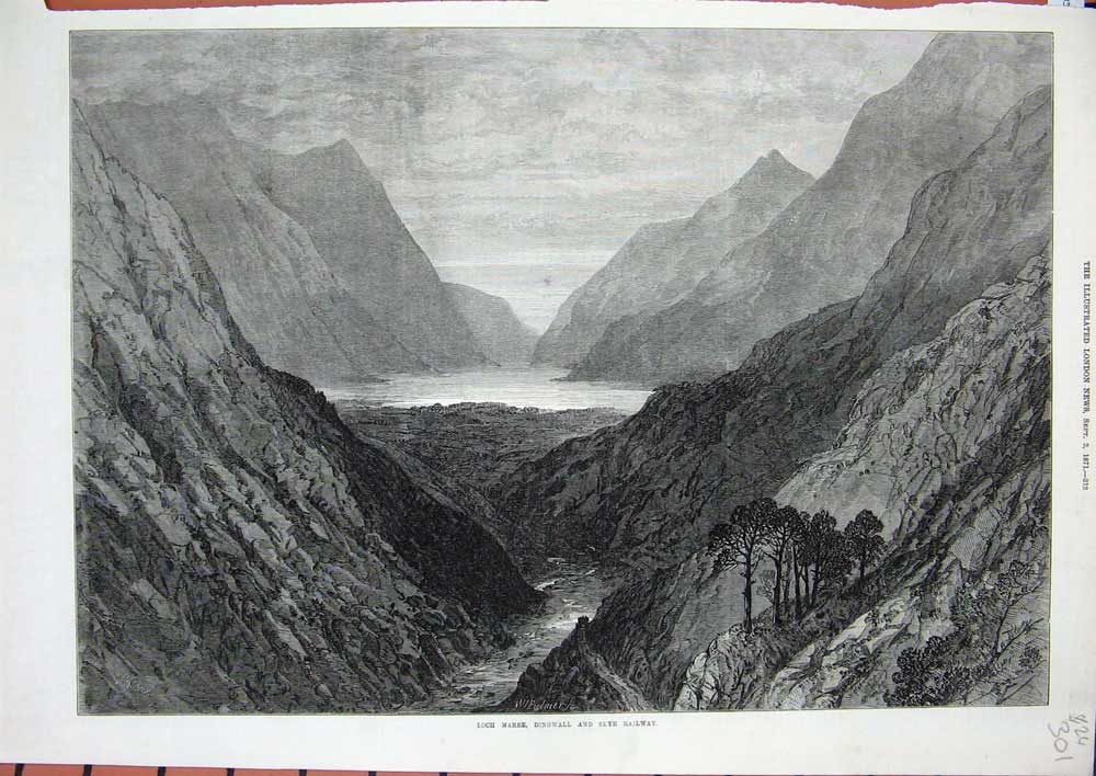 Original Old Antique Print Loch Maree Dingwall Skye Railway 1871 Mountains Art