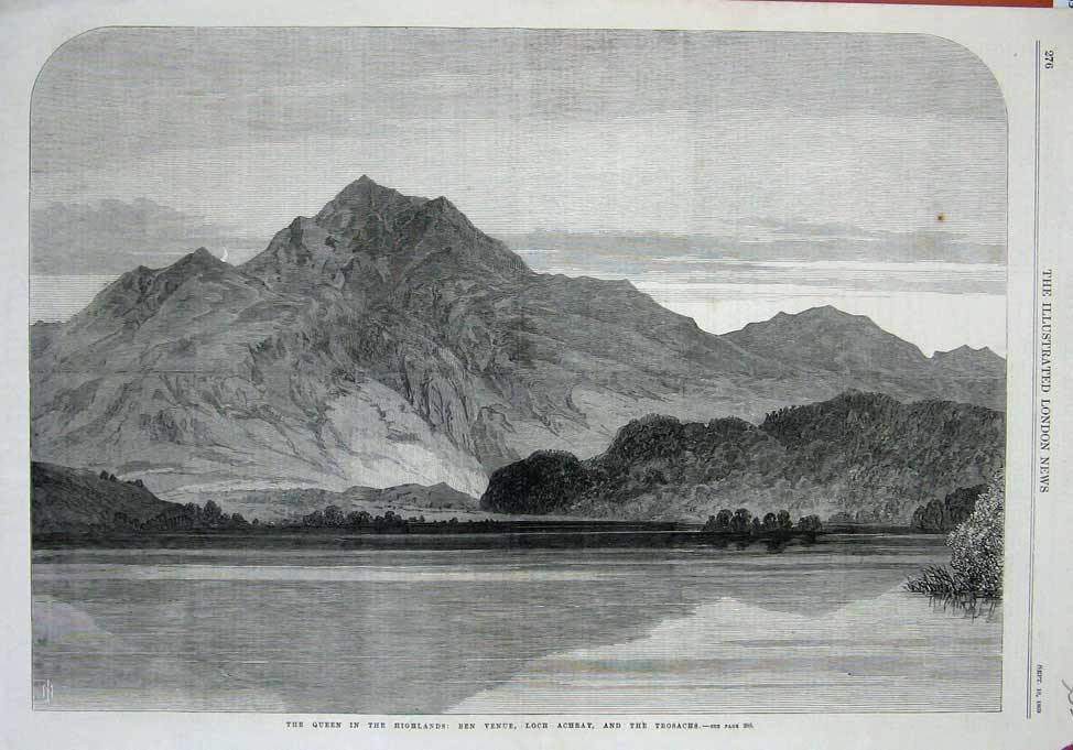Original Old Antique Print 1869 Queen Scotland Ben Venue Loch Achray Trosachs