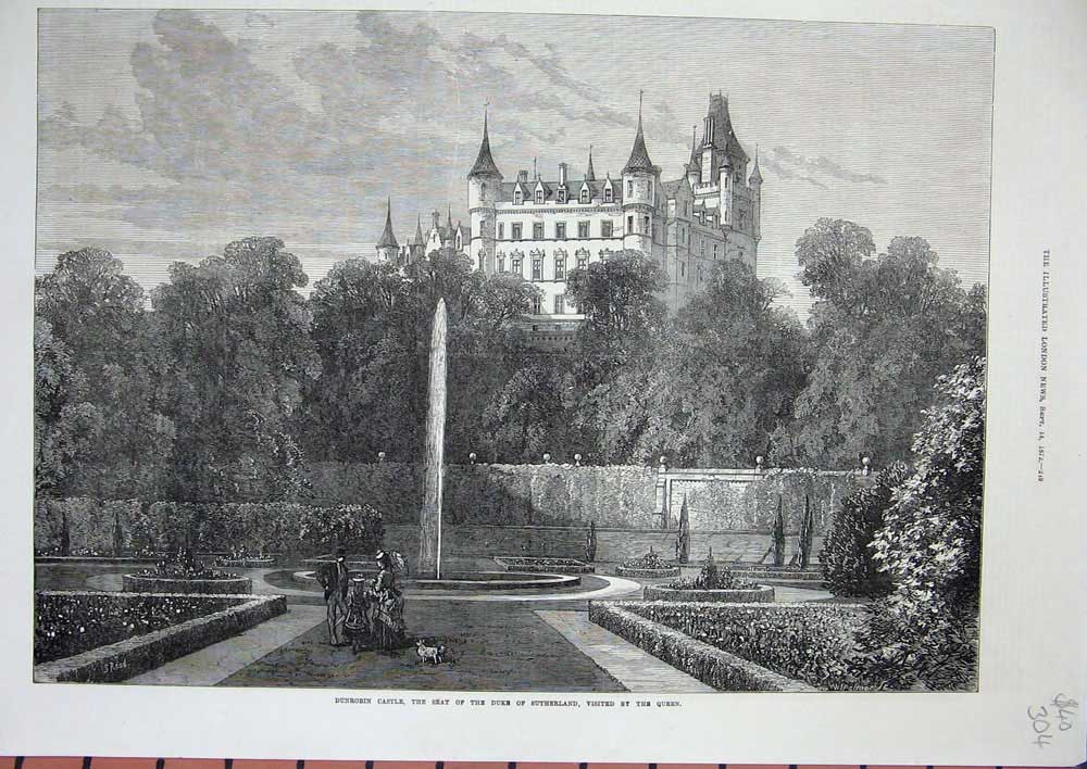 Old Antique Print 1872 Dunrobin Castle Duke Sutherland Golspie Scotland 19th