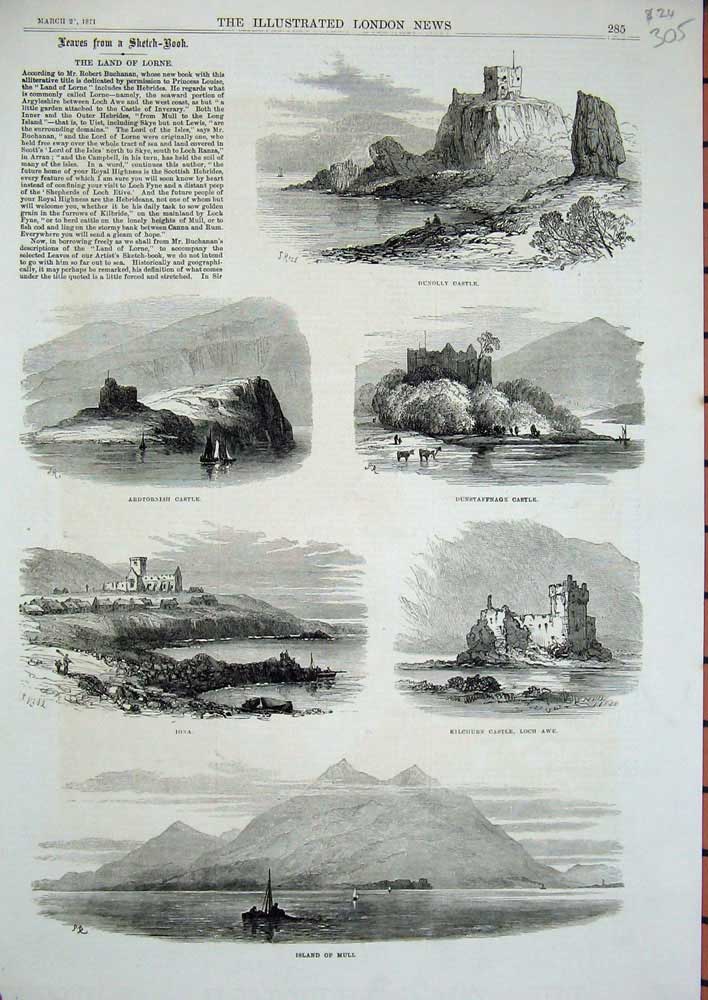 Old Antique Print Lorne 1871 Dunolly Castle Iona Island Mull Kilchurn Awe 19th