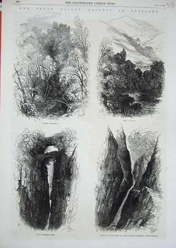 Old Antique Print 1869 Devon Railway Scotland Castle Brig Burn Care Art 19th