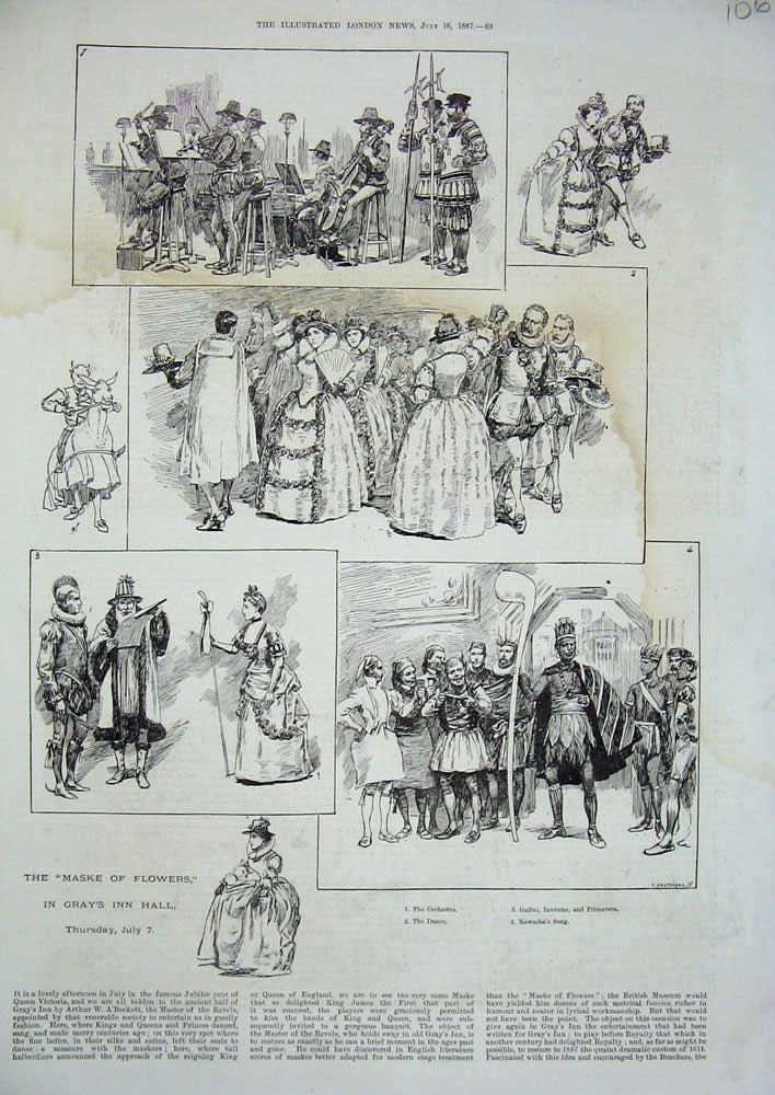 Original Old Antique Print Maske Flowers Gray'S Inn Hall Orchestra Music 1887