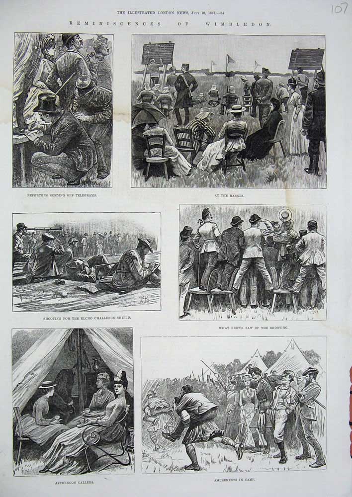 Original Old Antique Print 1887 Wimbledon Rifle Shooting Sport Camp Siers Tent