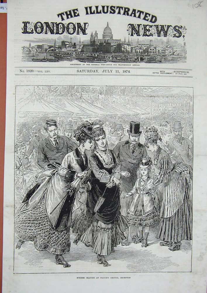 Original Old Antique Print 1874 Summer Skating Prince'S Ground Brompton Skates