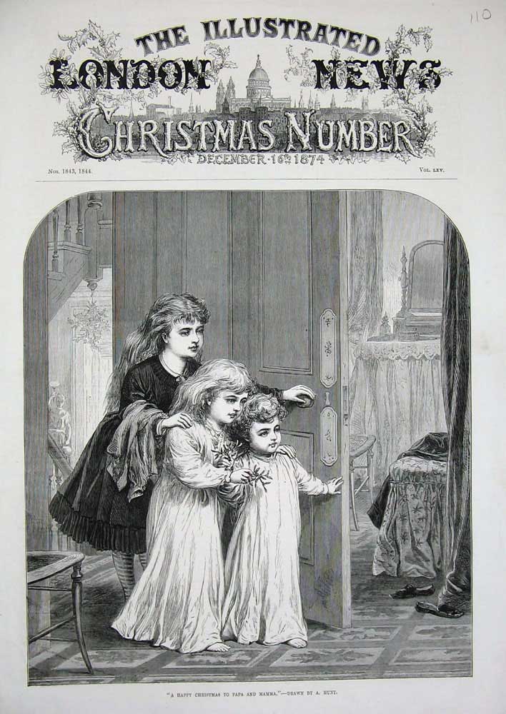 Original Old Antique Print 1874 Christmas Little Girls Mistletoe House Fine Art