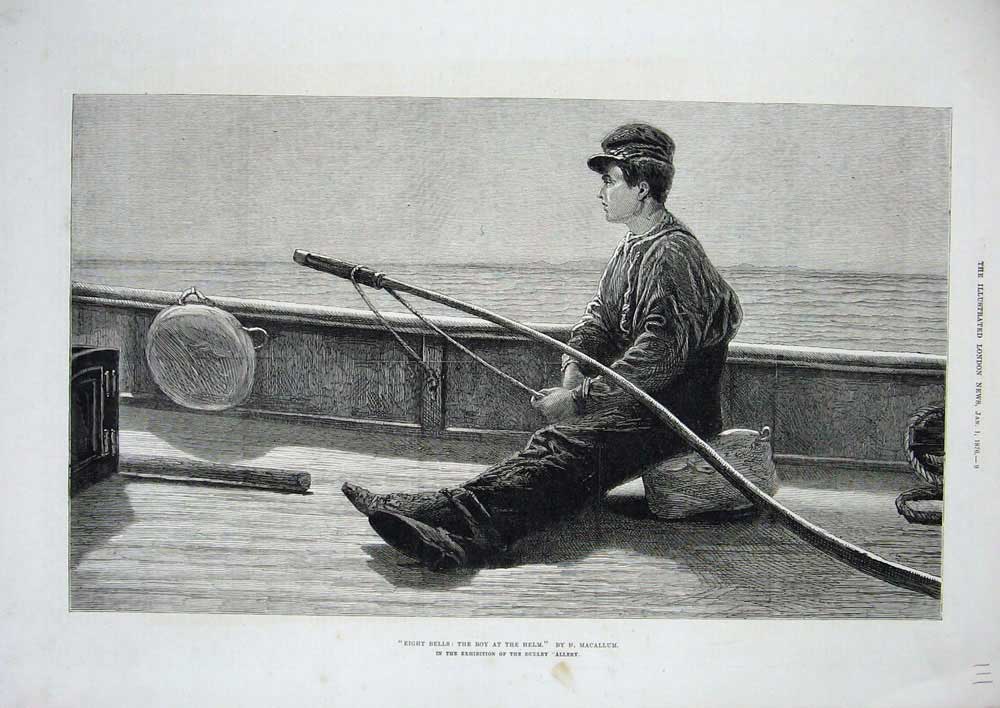 Original Old Antique Print 1876 Fishing Boat Young Boy Deck Helm Dudley Gallery