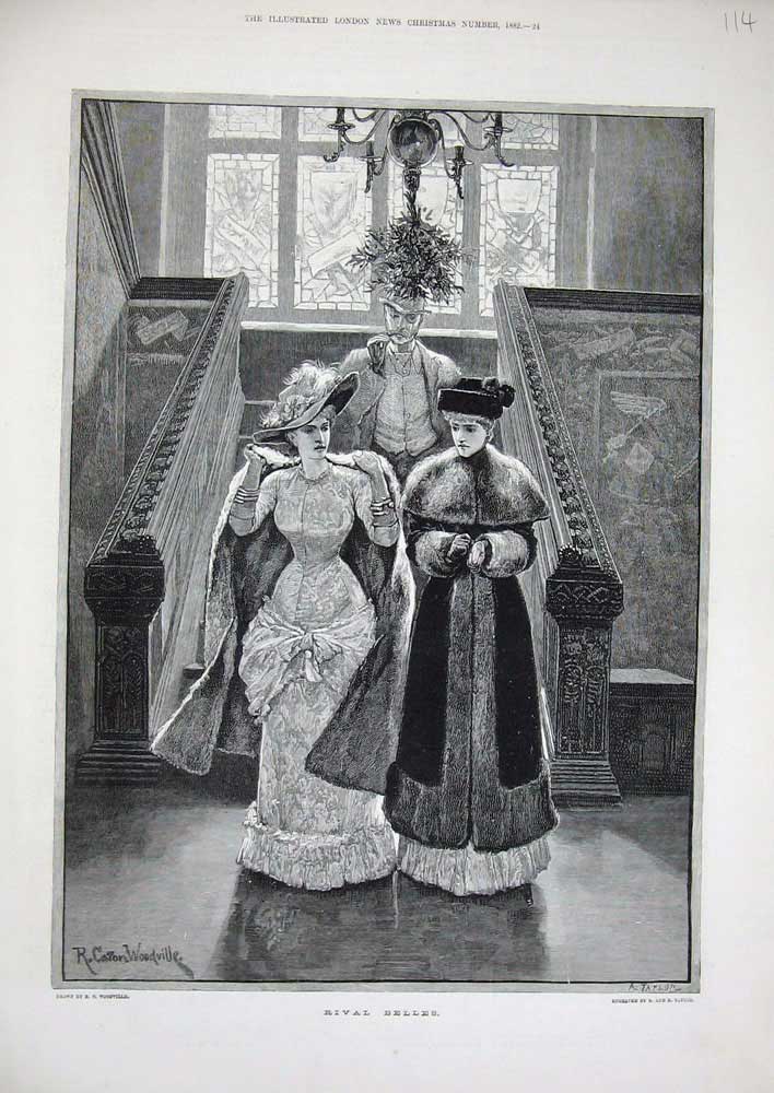 Old Antique Print 1882 Woodville Fine Art Ladies Fur Coats Staircase Man 19th