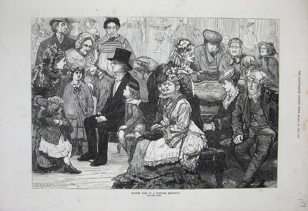 Original Old Antique Print 1872 Holidays Waxwork Exhibition People Macbeth 19th