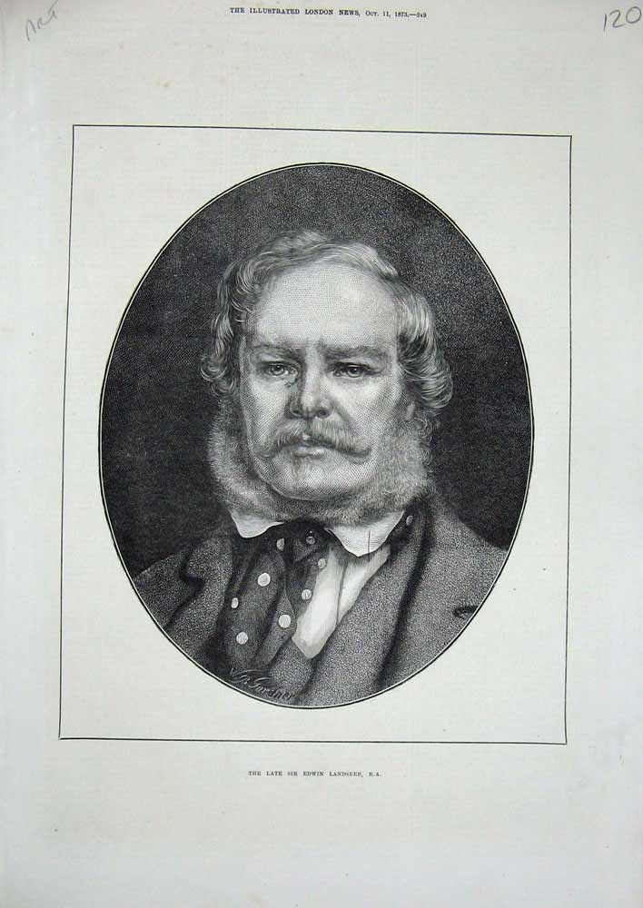 Original Old Antique Print 1873 Portrait Sir Edwin Landseer Man Art Victorian