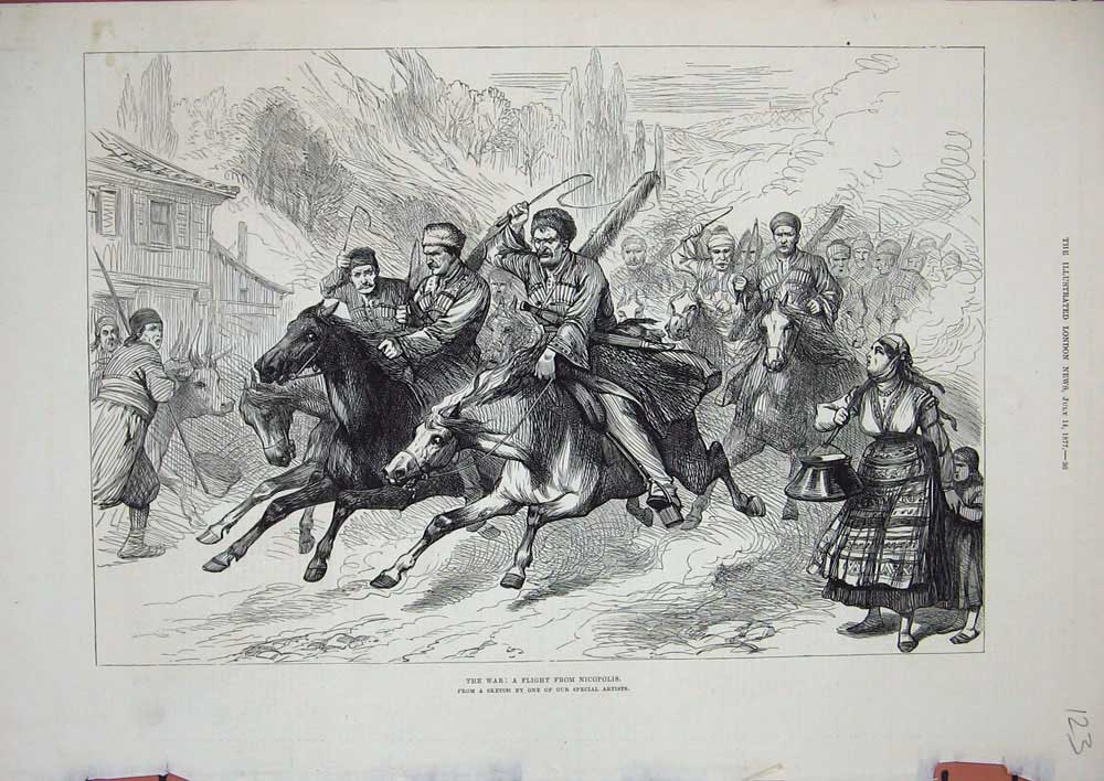 Original Old Antique Print 1877 War Charing Horses Nicopolis Siers People Town