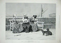 Original Old Antique Print 1889 Ladies Reading Books Puppy Dog Sail Yacht Bench
