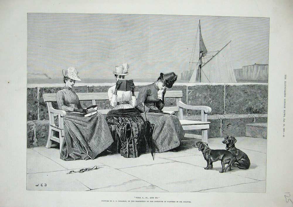 Original Old Antique Print 1889 Ladies Reading Books Puppy Dog Sail Yacht Bench
