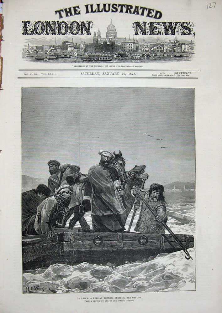 Original Old Antique Print 1878 War Russian Express Danube River Boat Horse Art