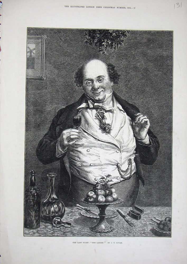 Original Old Antique Print 1876 Jolly Man Christmas Drink Holly Table Food Art
