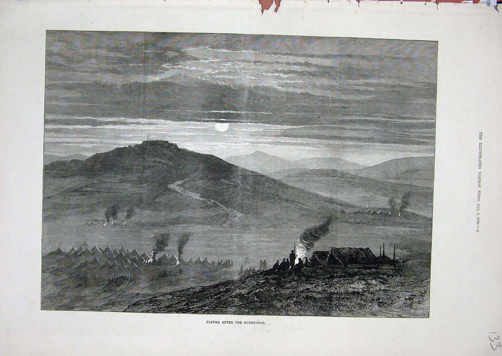 Original Old Antique Print 1878 Fine Art View Plevna Mountains Camp Fires 19th