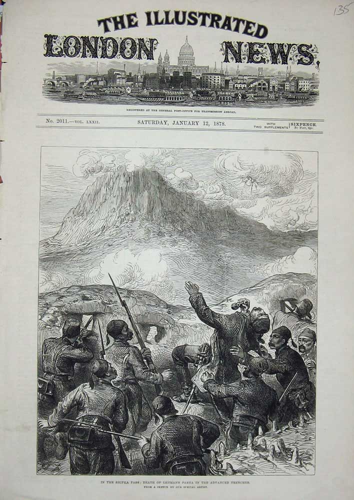 Original Old Antique Print 1878 Shipka Pass Death Lehmann Pasha Trenches Siers