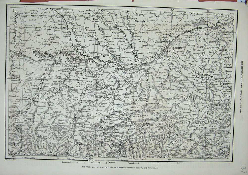 Old Antique Print 1877 War Map Bulgaria Danube Rahova Turtukai Rustchuk 19th